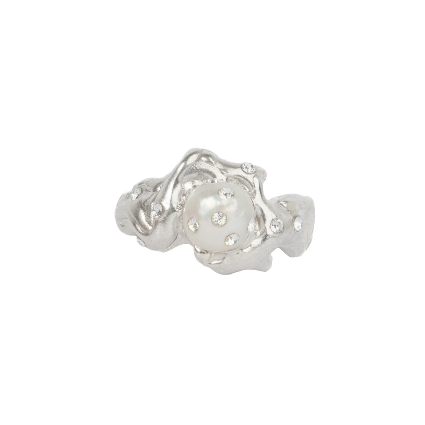 R4SS25 // Silver Ring Thin Band Fresh Water Pearl Encrusted Zirconias