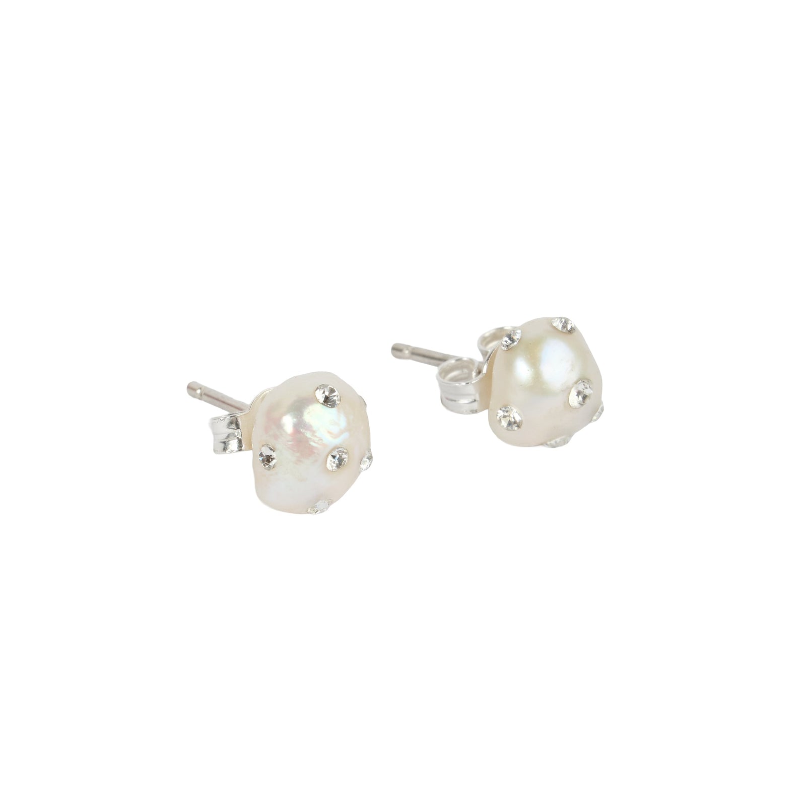 Perla Earrings — Silver, freshwater pearl studs with Swarovski crystals