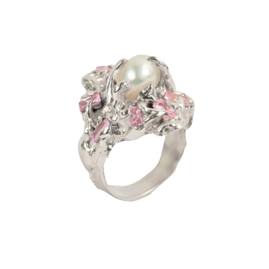 RSPZ09 // Silver monster ring with natural assymetric pearl and dusty pink zirconias