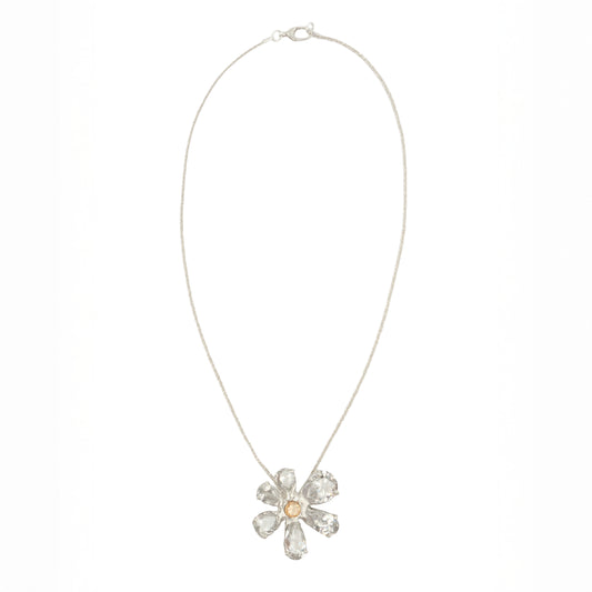 N3SS25 // Chamomile Necklace Sterling Silver Chain Pear Shaped Zirconias Flower Pendant