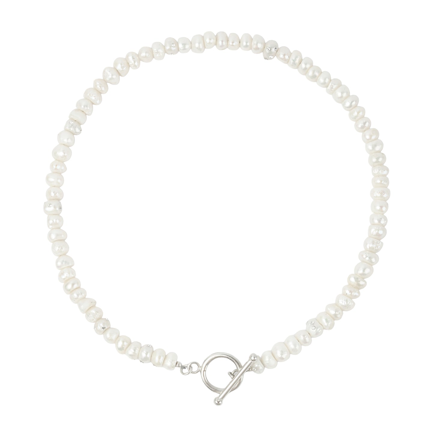 NU5SS25 // Fresh Water Pearl Necklace Stainless Steel Thread Silver Toggle Clasp