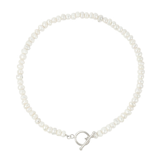 NU5SS25 // Fresh Water Pearl Necklace Stainless Steel Thread Silver Toggle Clasp