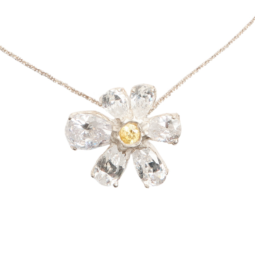 Crystal Fleur Necklace — Silver, flower pendant with faceted stones