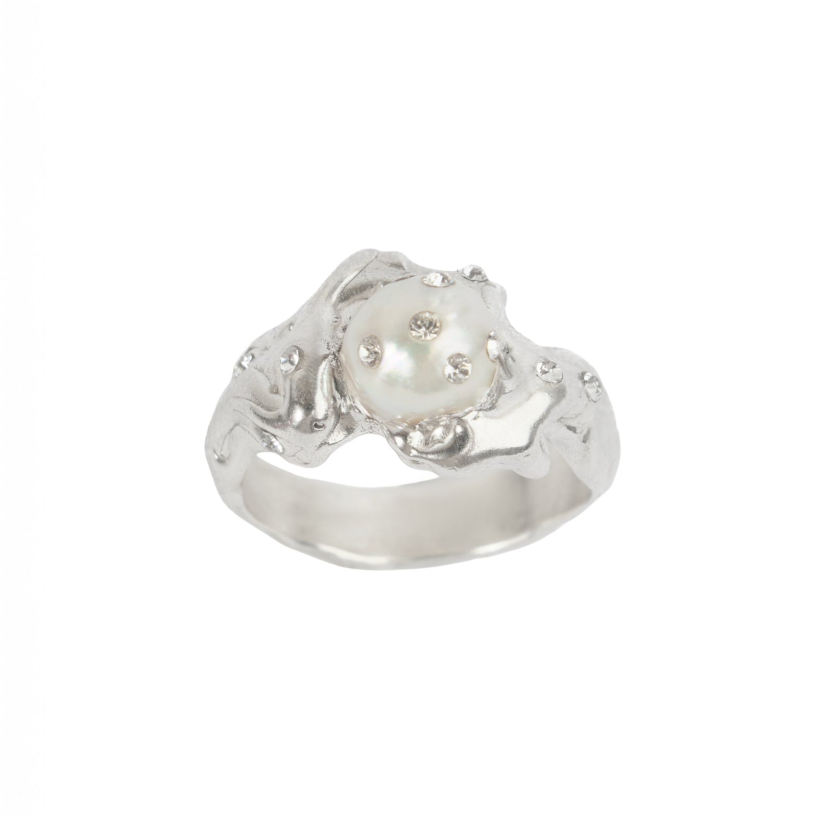 Perla Ring — Silver, freshwater pearl set with Swarovski crystals