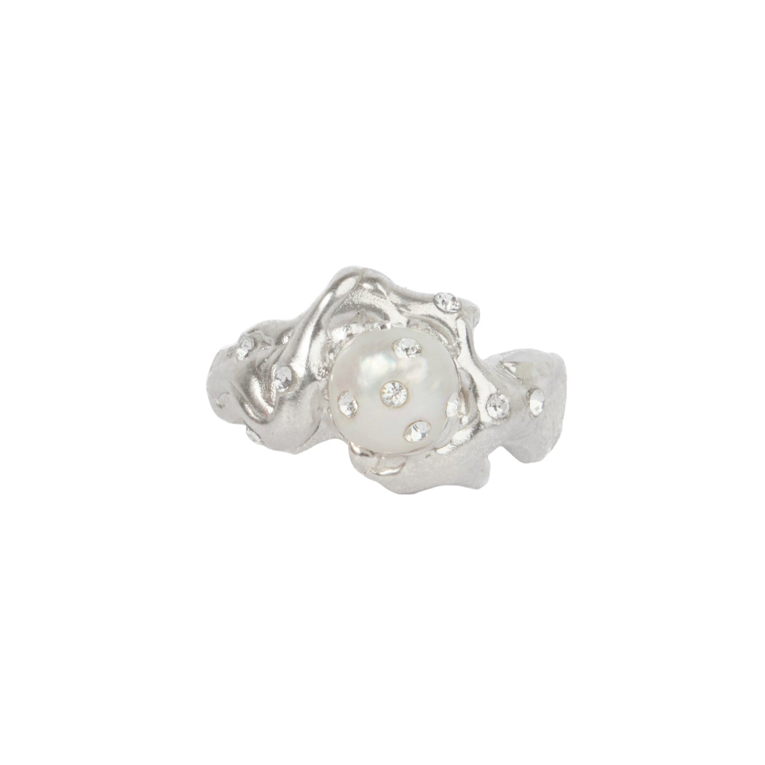 Perla Ring — Silver, freshwater pearl set with Swarovski crystals