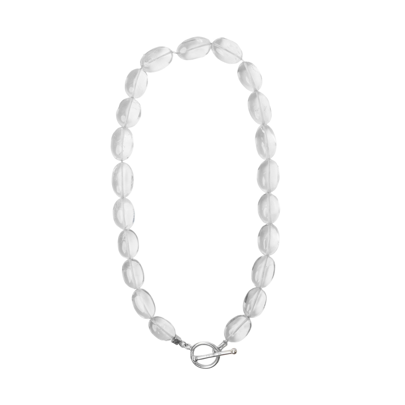 Crystal Oval Necklace — Silver, oval rock crystal on silk cord with silver clasp