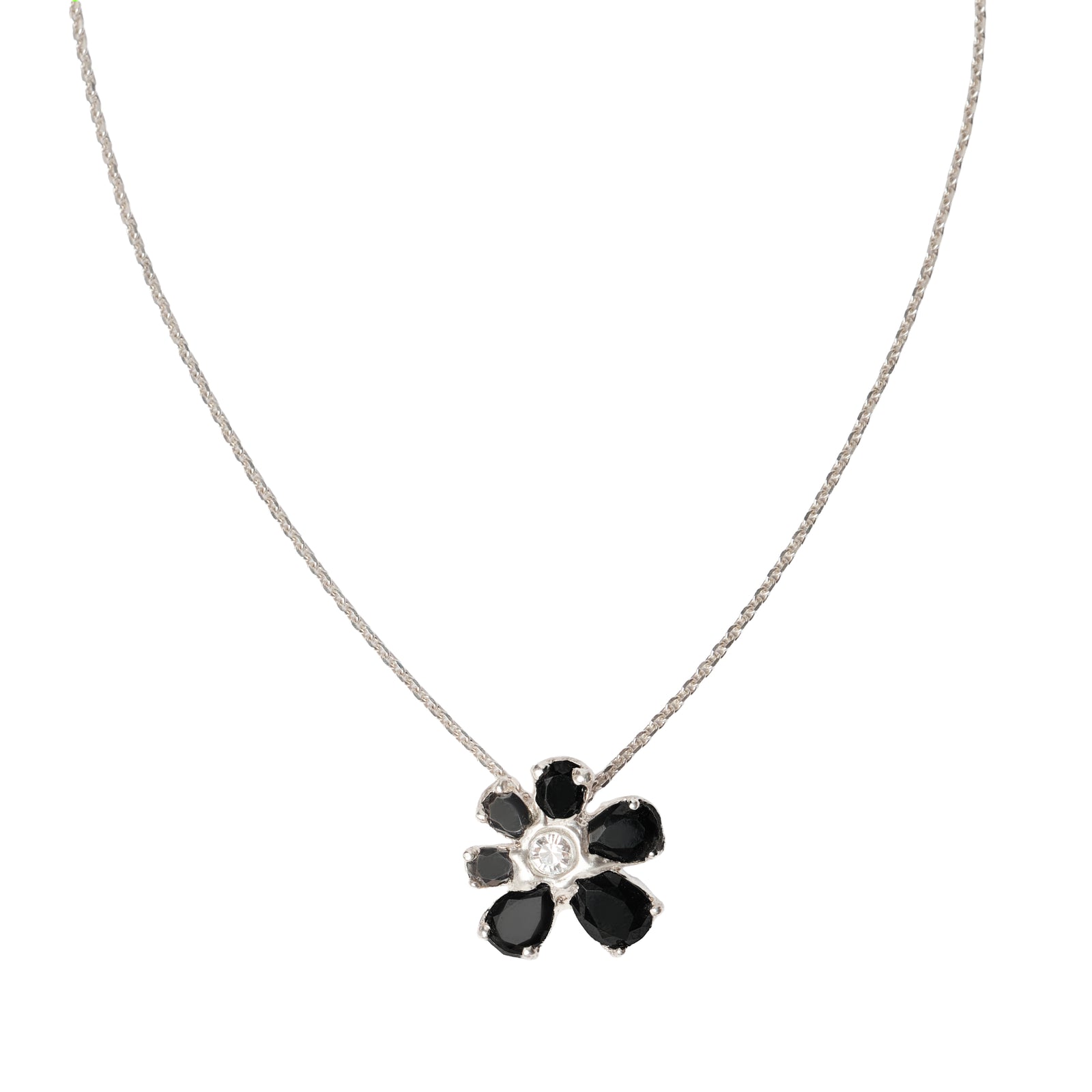 Fleur Brut Necklace — Silver, flower pendant with black zirconia