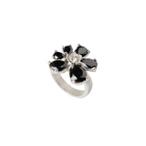Fleur Brut Ring — Silver, flower ring with black zirconia