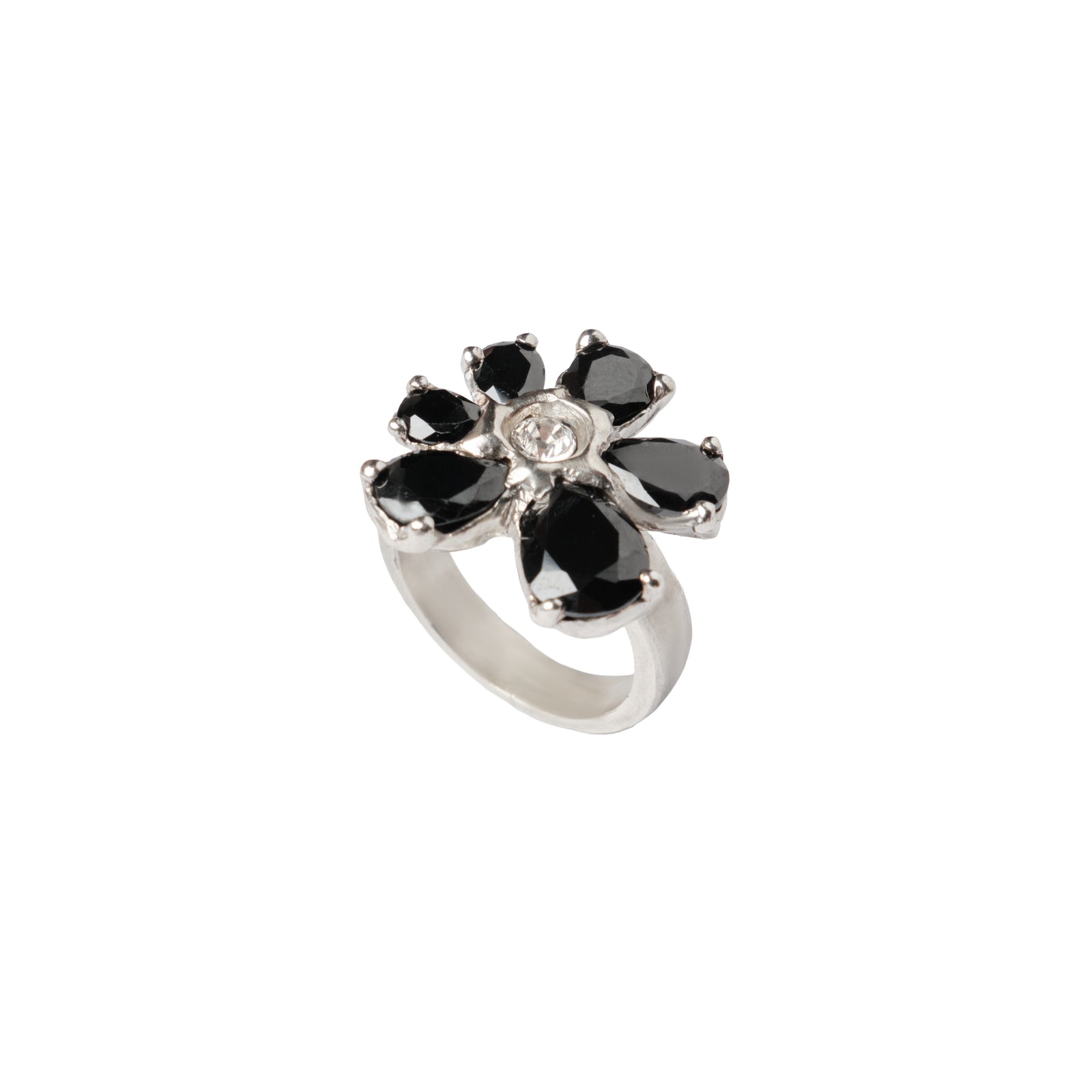 Fleur Brut Ring — Silver, flower ring with black zirconia