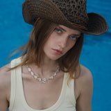Crystal Oval Necklace — Silver, oval rock crystal on silk cord with silver clasp