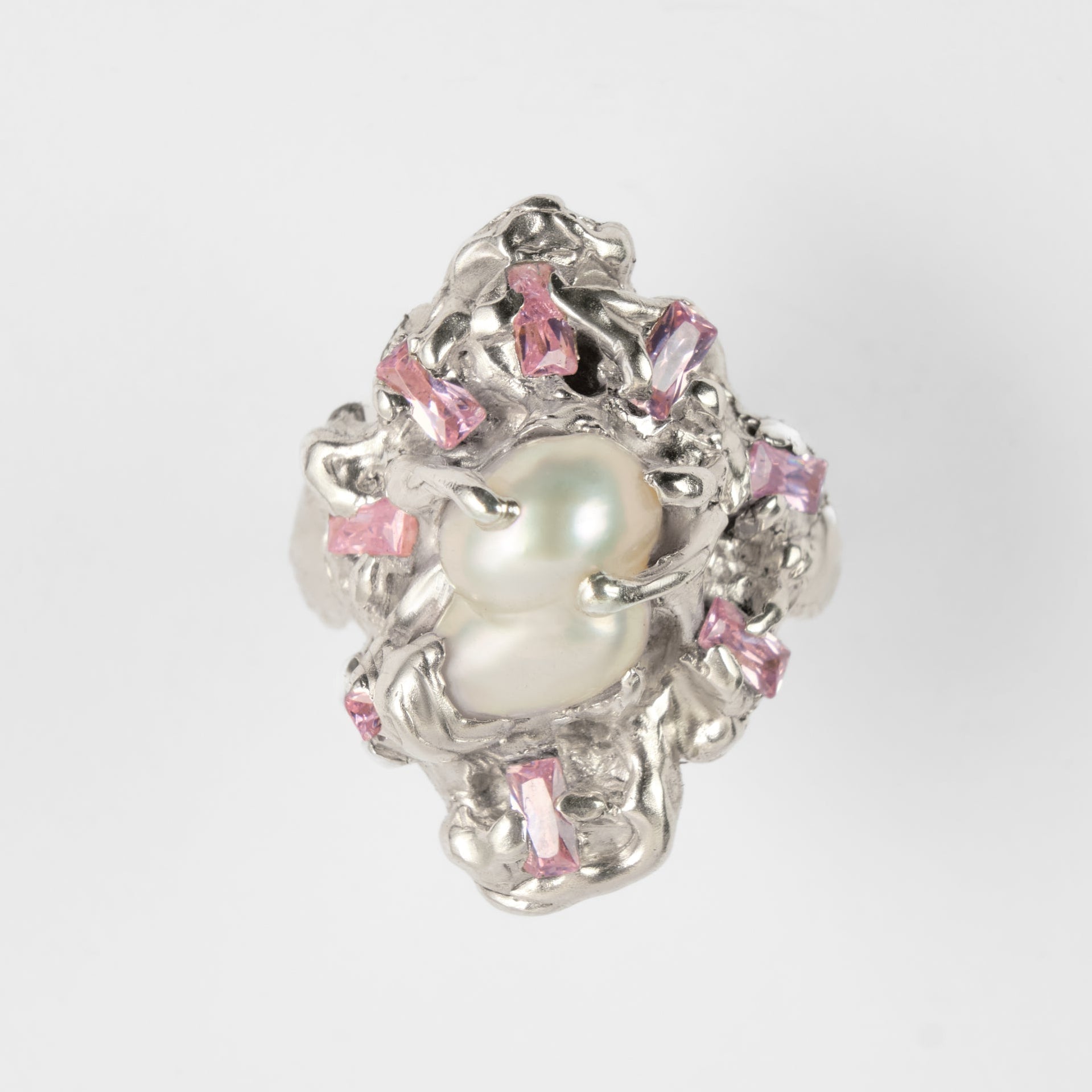 RSPZ09 // Silver monster ring with natural assymetric pearl and dusty pink zirconias Ten Antennas