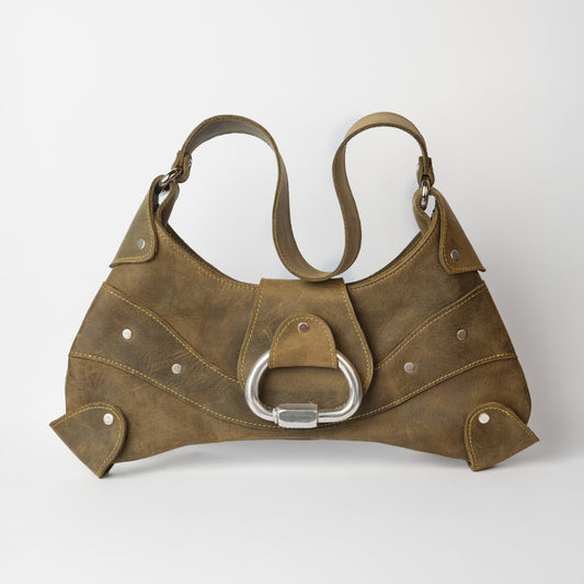 Bag N1 Green // Refurbished natural leather handmade cowboy bag with a caribiner Ten Antennas