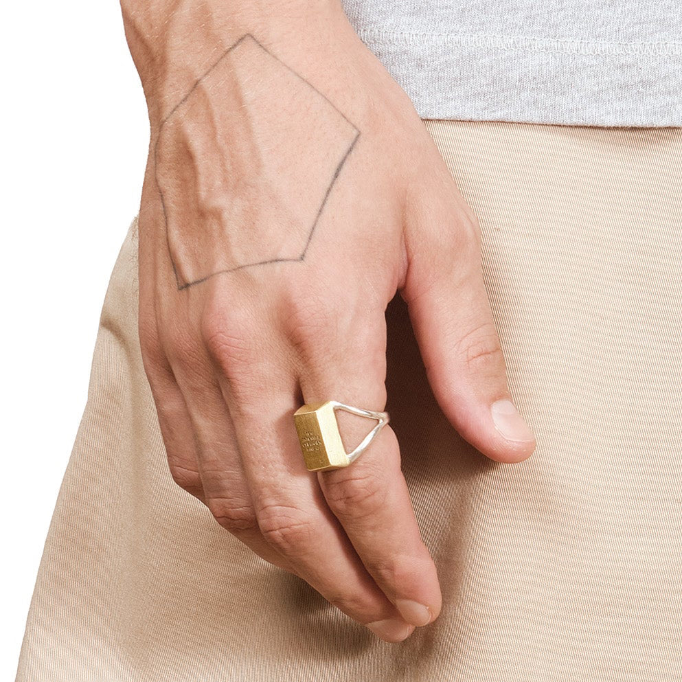 Chevalier Ring #3 — Gold Plated Silver, engraved gold bar signet ring