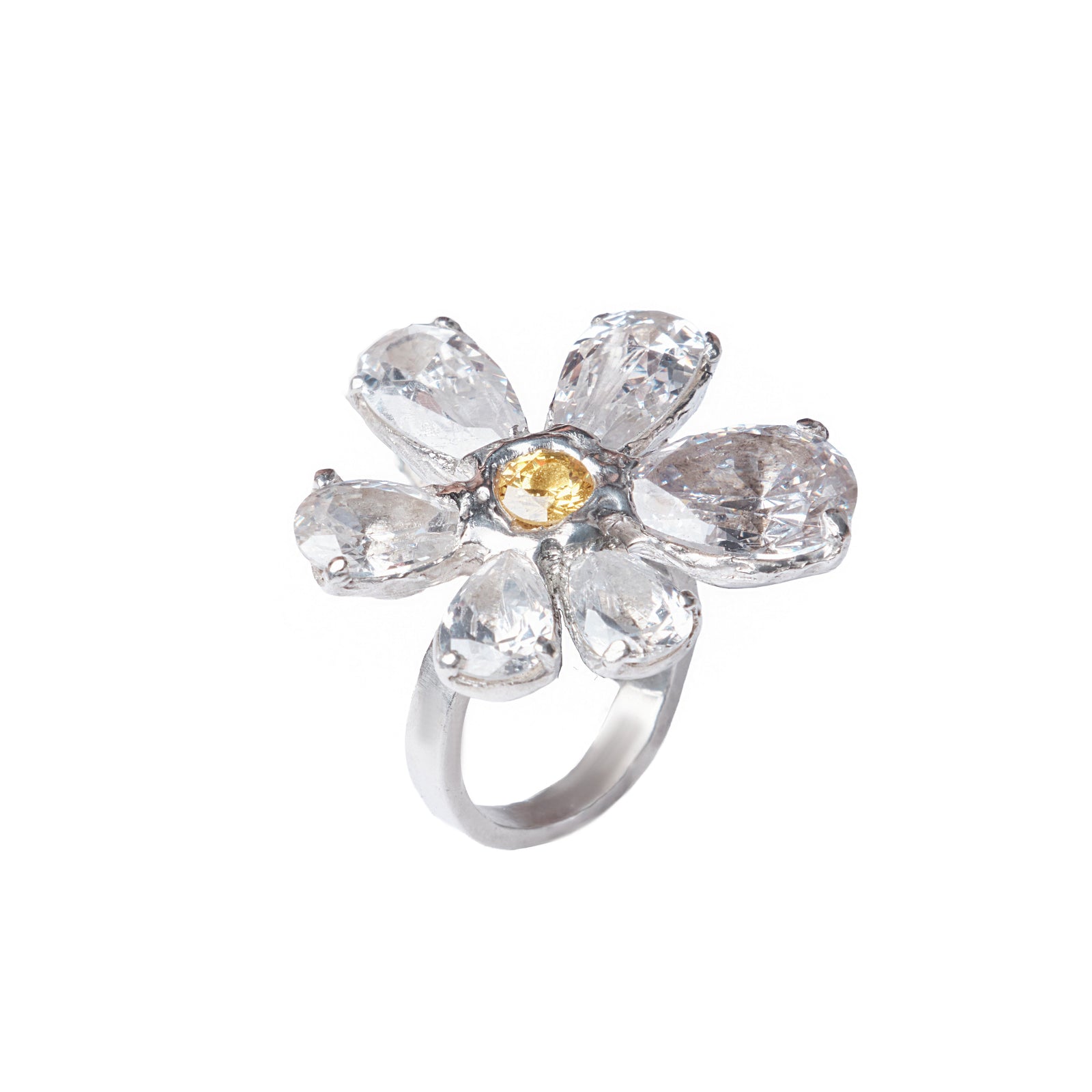Crystal Fleur Ring — Silver, flower ring with faceted stones