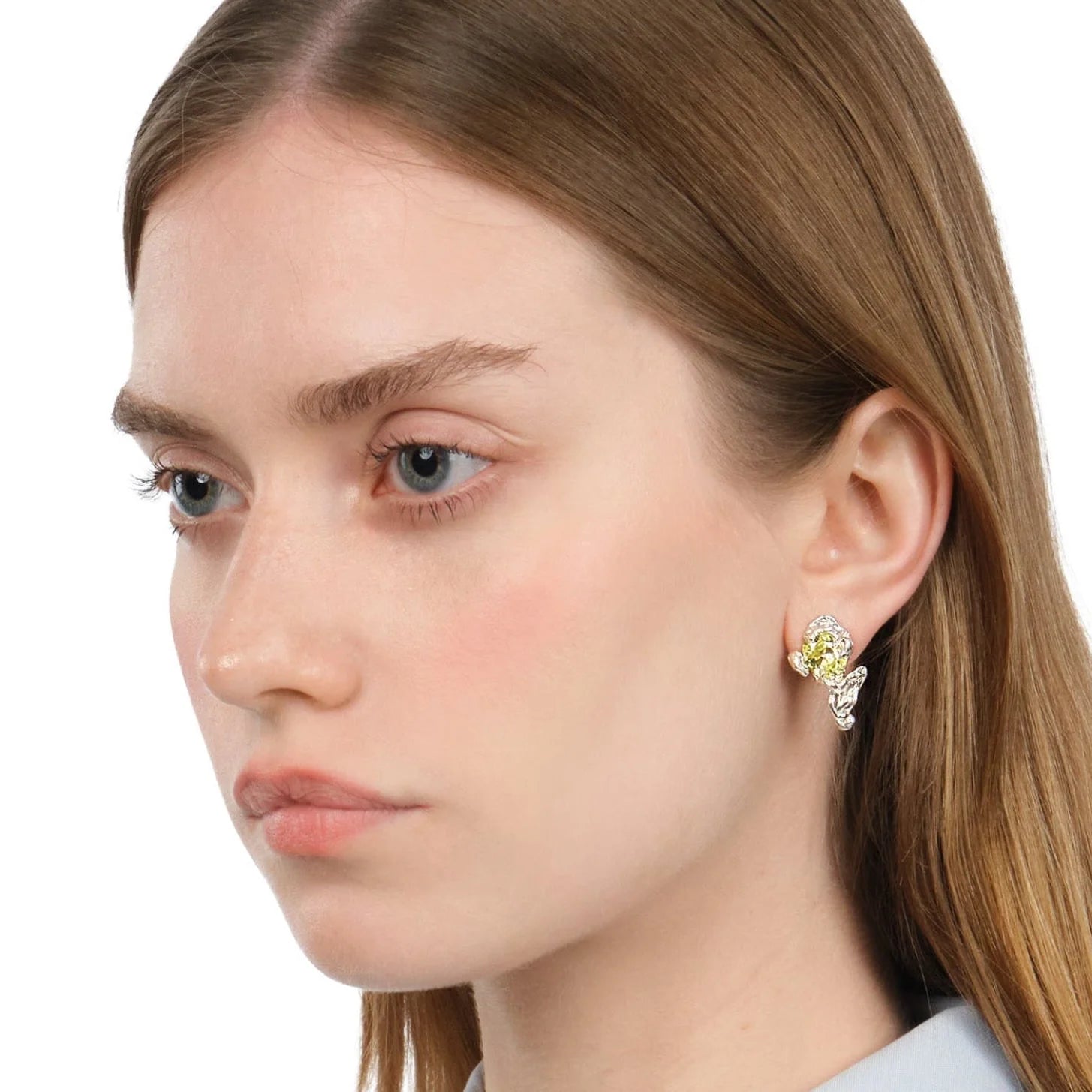 Twin Earrings — Silver, Acid Green zirconia, worn on ear