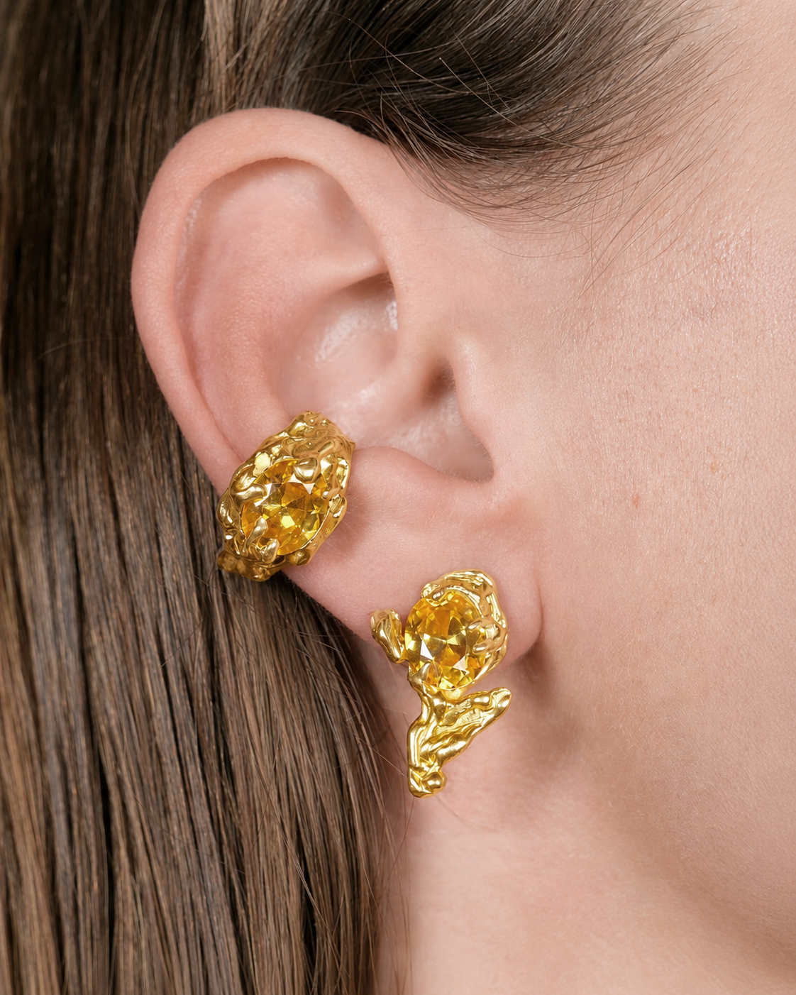 Tentacule Cuff — Gold Plated Silver, Citrina zirconia, worn on ear